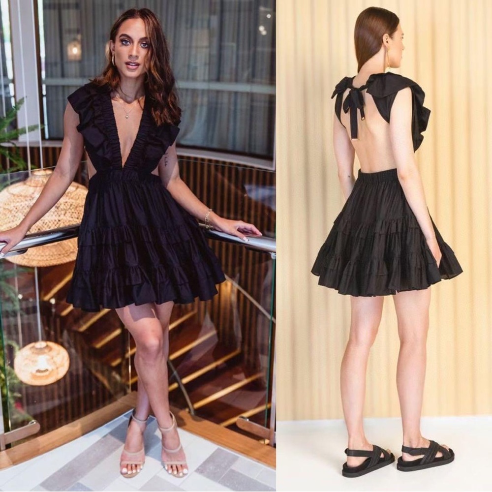 MAGALI PASCAL BLACK RUFFLE OPEN BACK plunging neckline BOTANIC MINI DRESS